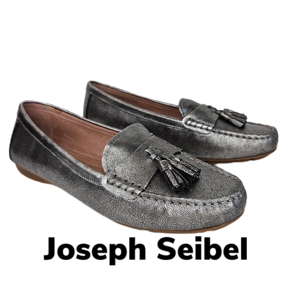 Joseph Seibel Metallic Silver Pebbled Leather Slip On Tassel Comfort Shoes Sz 9